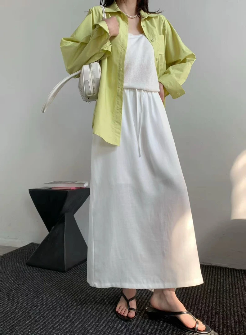 中长裙纯色中腰薄款半身裙韩版高腰天丝亚麻直筒裙简约显瘦百搭