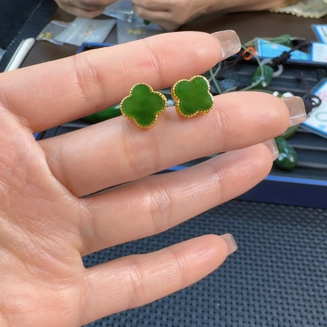 和田玉（碧玉）银S925镶嵌耳饰