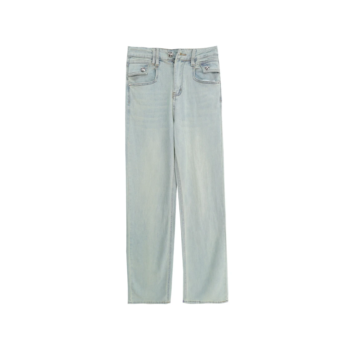 美式高街宽松显瘦长款拖地学院风牛仔直筒裤S3329