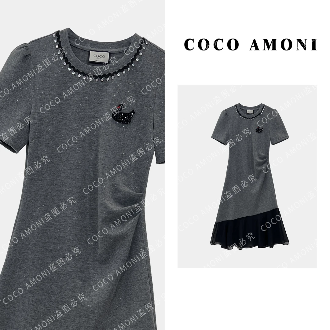 法式设计仙女风女装拼接烫砖天鹅气质百搭收腰显瘦连衣裙AB984