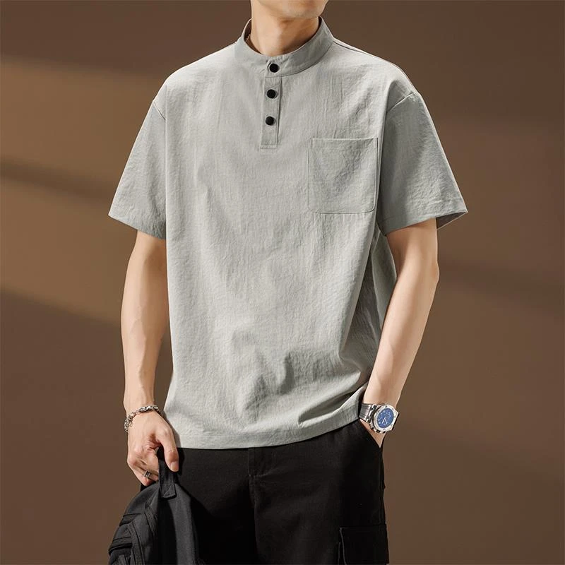 啄木鸟POLO衫短袖男亨利领2025夏季薄款立领速干宽松T恤透气上衣