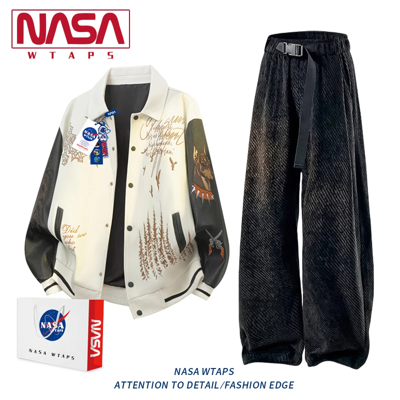 NASA WTAPS高级感重工刺绣翻领夹克套装男款春秋季美式休闲两件套