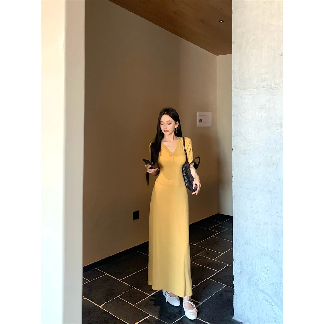 新款显瘦V领五分袖连衣裙气质修身包臀长裙*762
