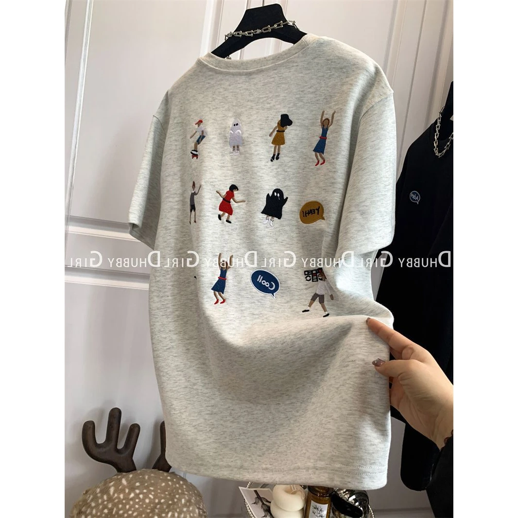 浅灰色卡通刺绣重磅纯棉短袖T恤女夏季宽松百搭ins半袖上衣