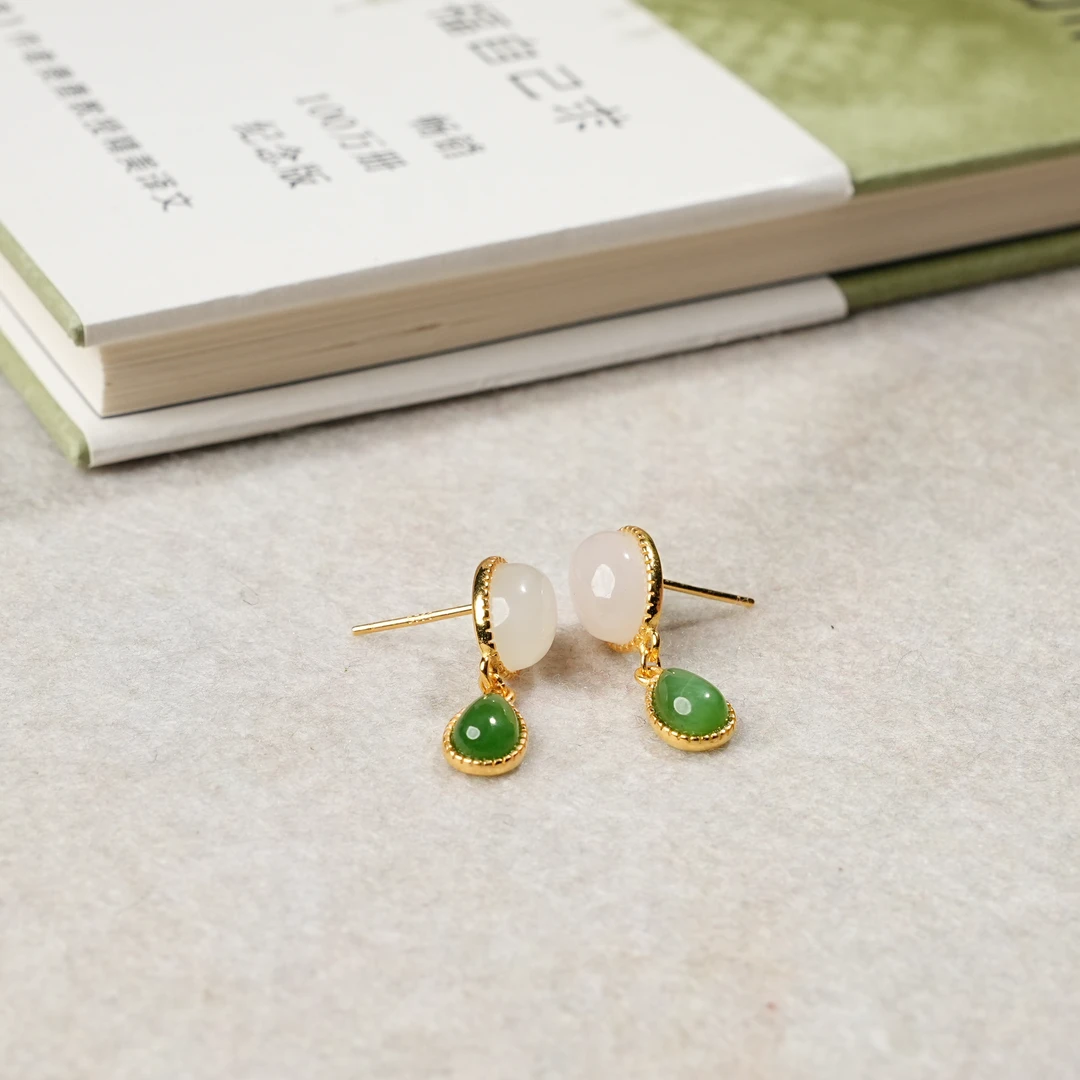 【小池专属】S925和田玉白玉碧玉耳钉 8*6*4/6*4*3 YJ1264