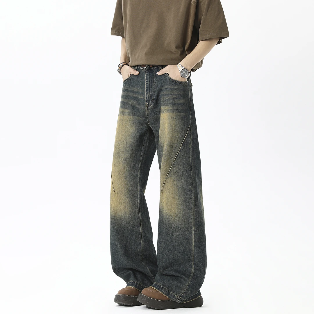 美式复古水洗牛仔裤男秋季cleanfit做旧蓝直筒裤宽松阔腿休闲裤潮