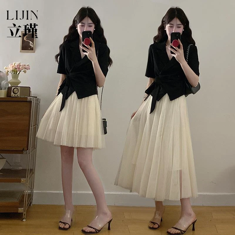 大码女装夏装搭配一整套胖mm巨法式西装上衣两件套装裙