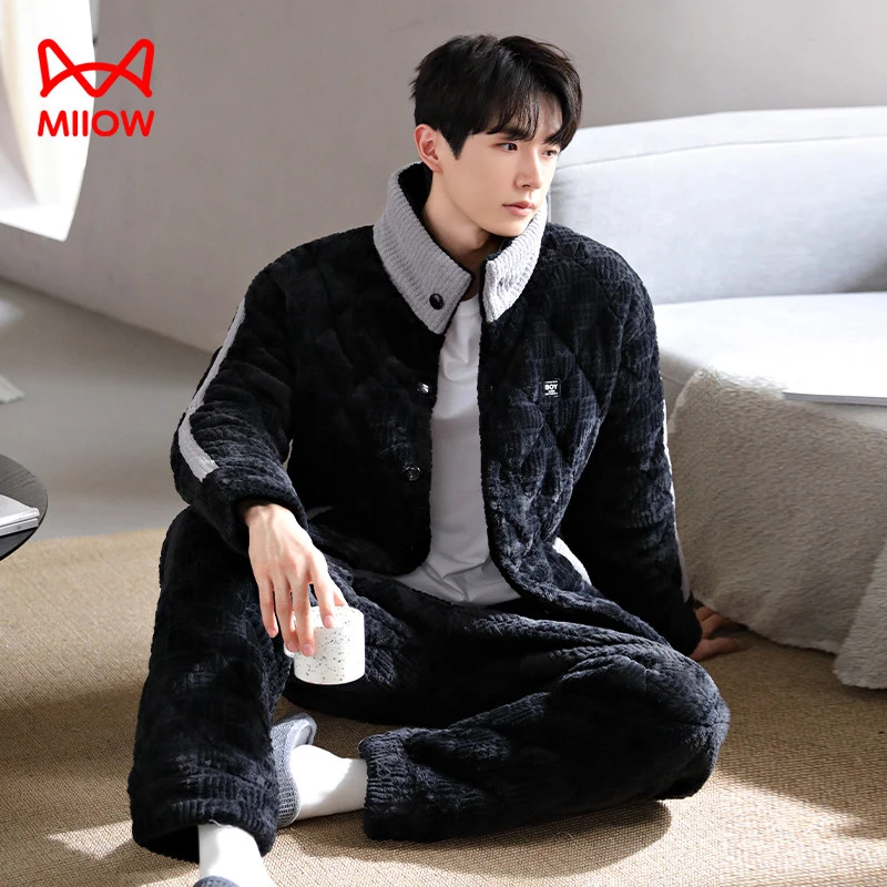 猫人经典珊瑚绒男士睡衣冬季夹棉保暖法兰绒加绒加厚黑色家居服
