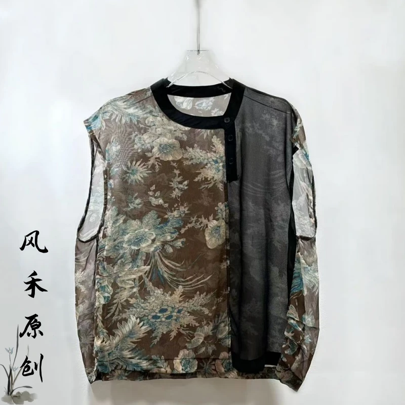风禾原创【065】夏季时尚复古新中式圆领印花纽扣设计感套头小衫
