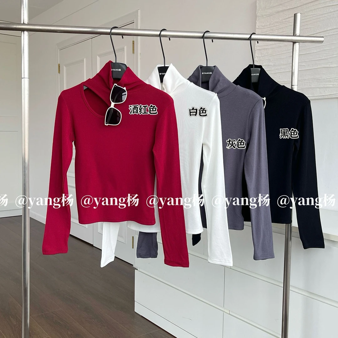 高级感挖空设计加绒高领长袖打底衫女冬季新款修身显瘦小心机上衣