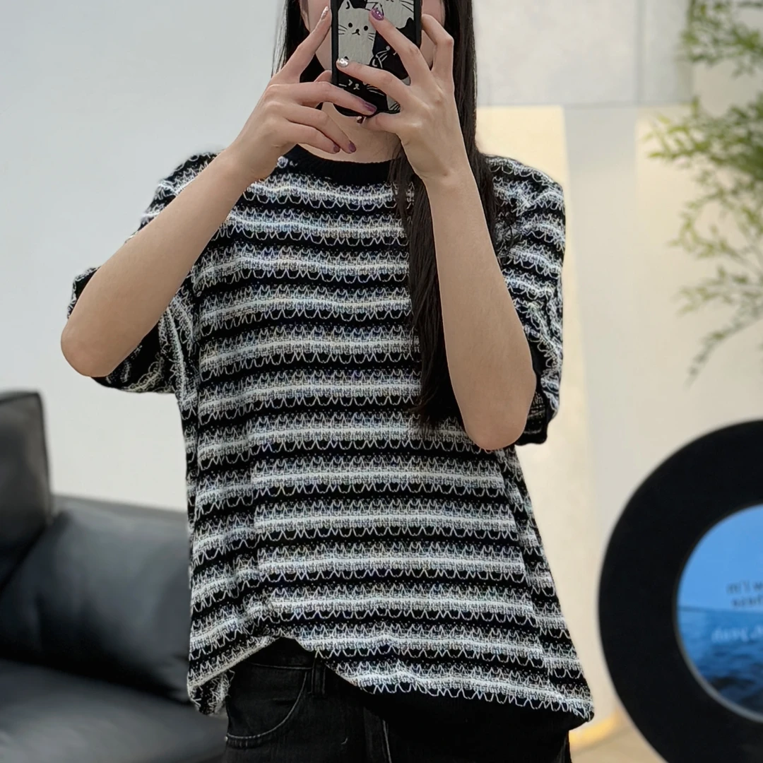 JUANJUAN自制女装白黑条纹心电图短袖