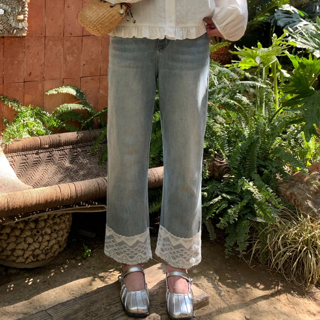 NANJIE/楠姐【春日焦点】新款直筒九分薄款蕾丝拼接牛仔裤XNS6230