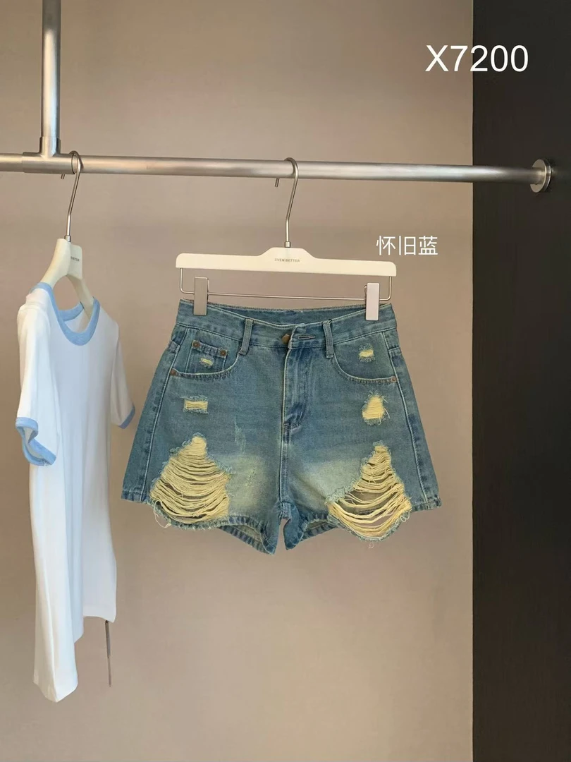 EVE（7200#）复古毛边破洞高腰热裤kc