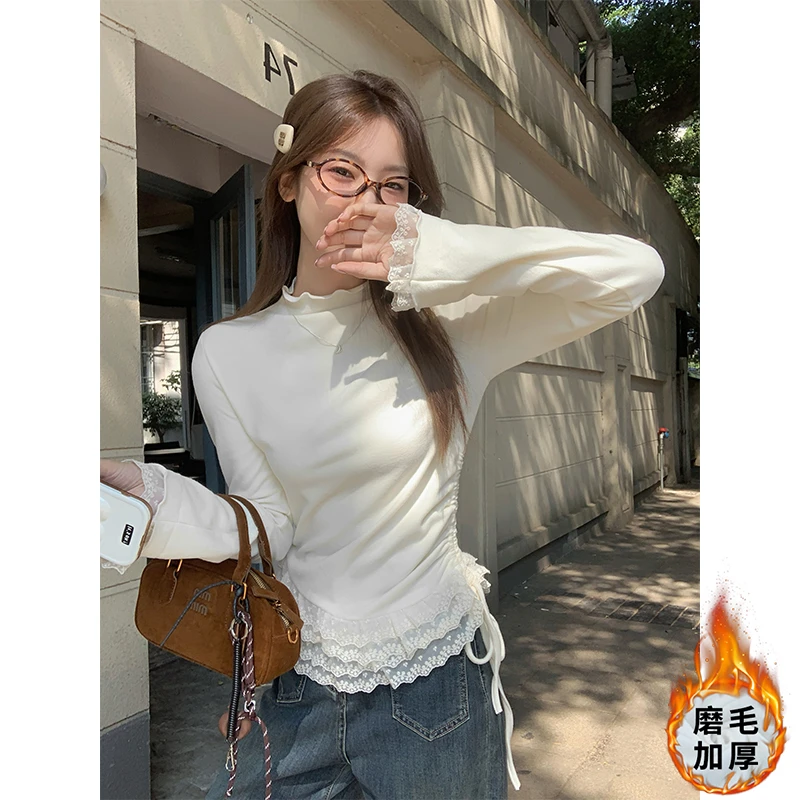 半高领蕾丝磨毛打底衫女内搭秋冬修身正肩高街可外穿长袖T恤上衣