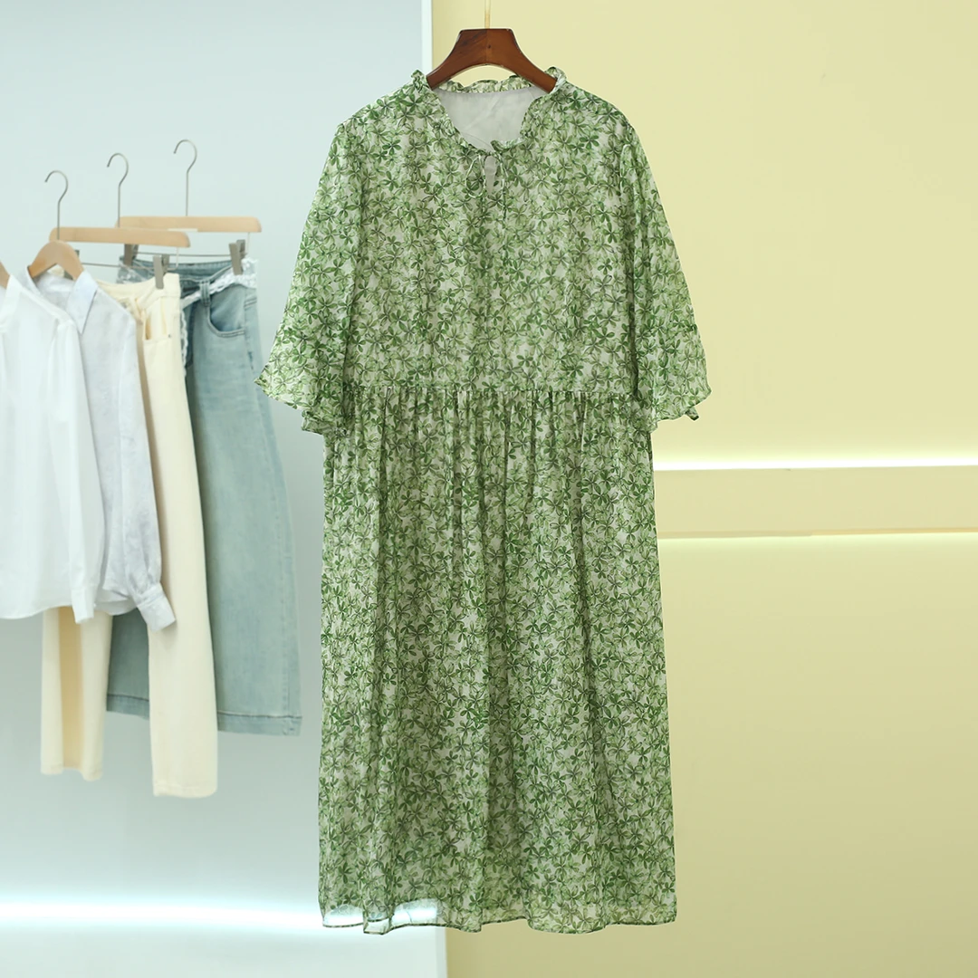 法式茶歇温柔系！100~桑蚕丝木耳边系带宽松显瘦连衣裙23030