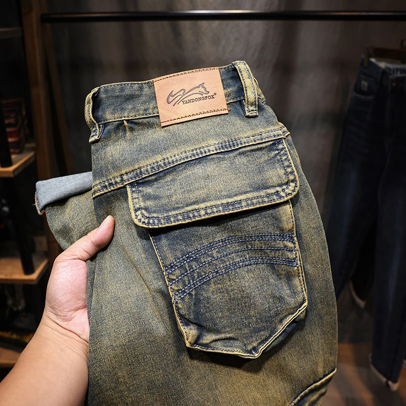 美式复古怀旧多口袋工装牛仔裤男士宽松直筒肥佬阔腿大码休闲长裤