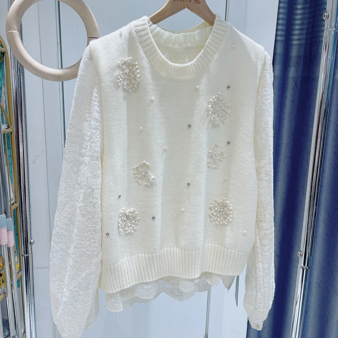 花朵常规款保暖女毛衣上衣轻奢长袖白色网红时尚针织小香风