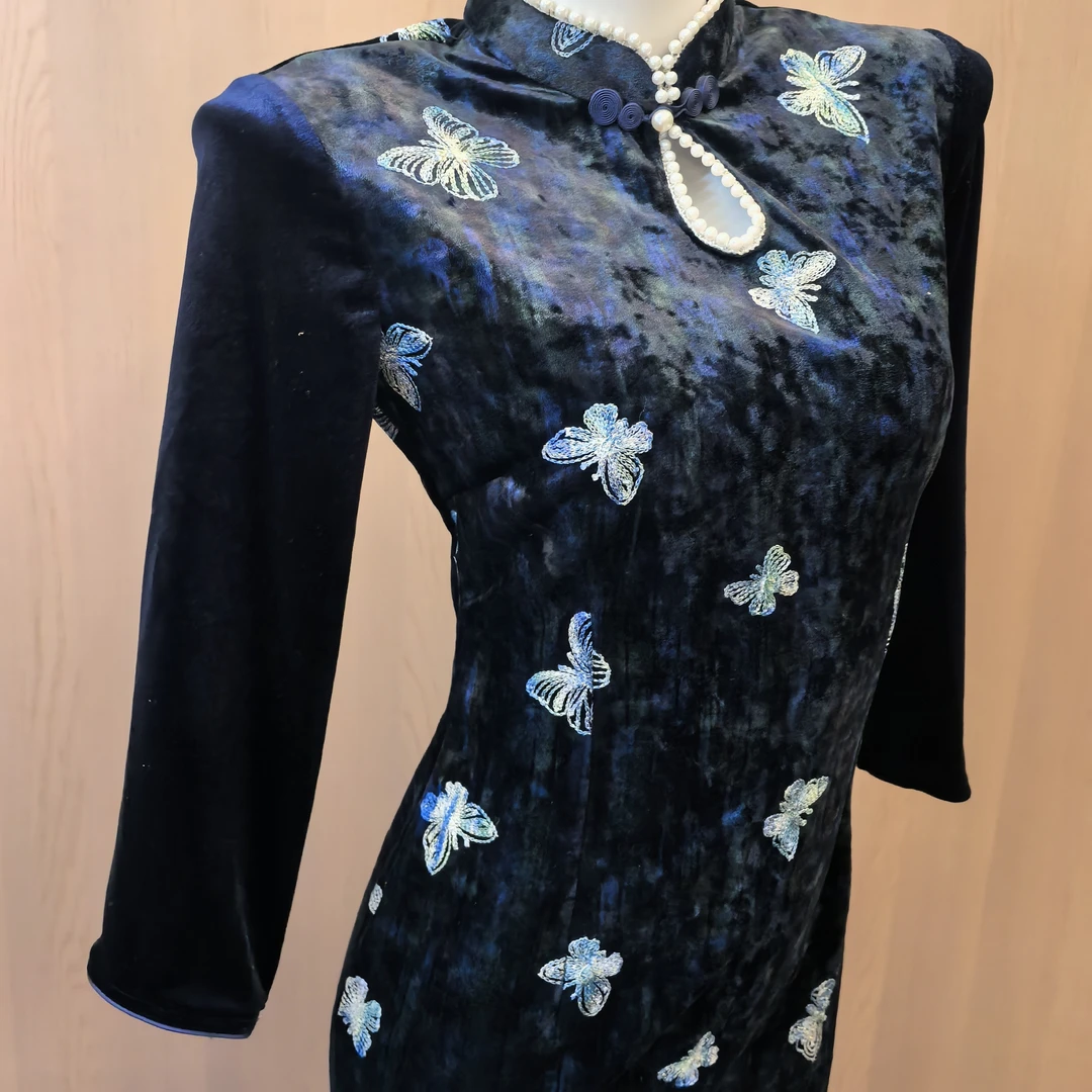 日常印染低开衩葫芦扣新中式旗袍包袖刺绣立领中长裙