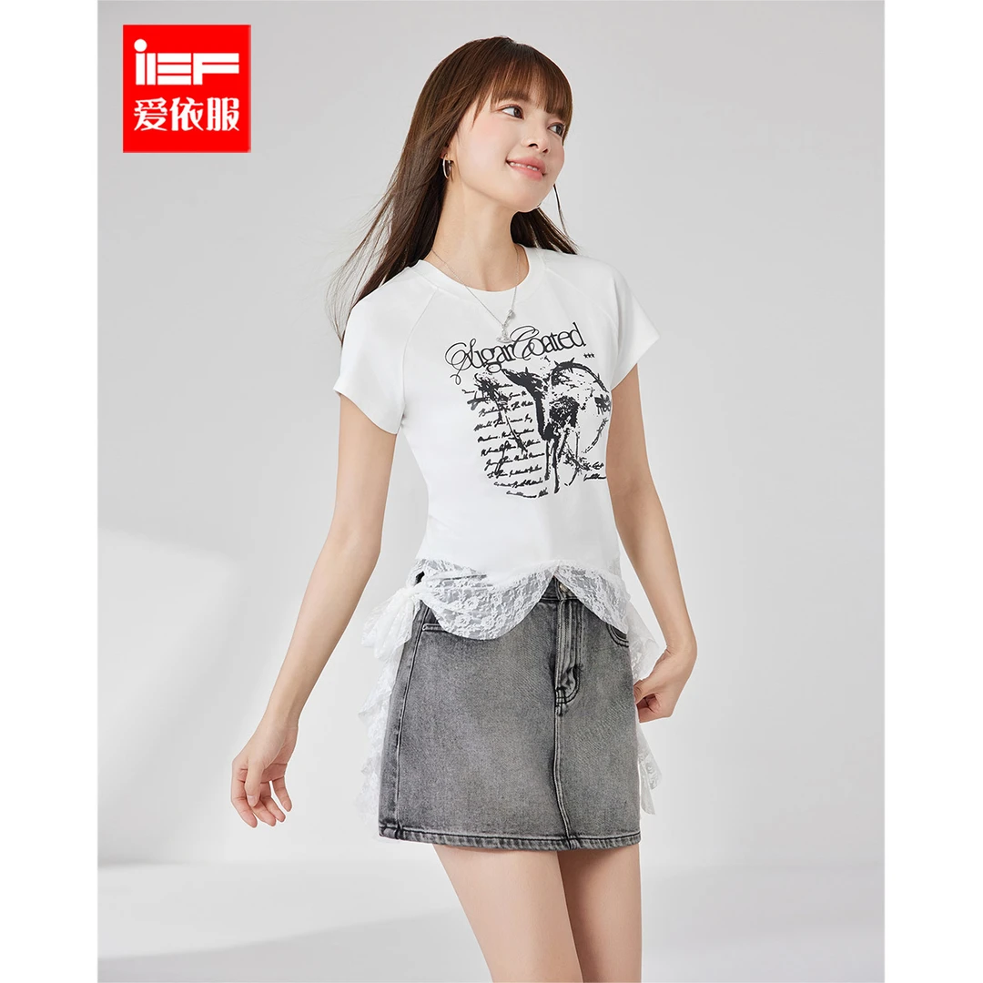 IEF/爱依服2025夏季新款短款甜酷辣妹少女感时尚字母蕾丝百搭上衣
