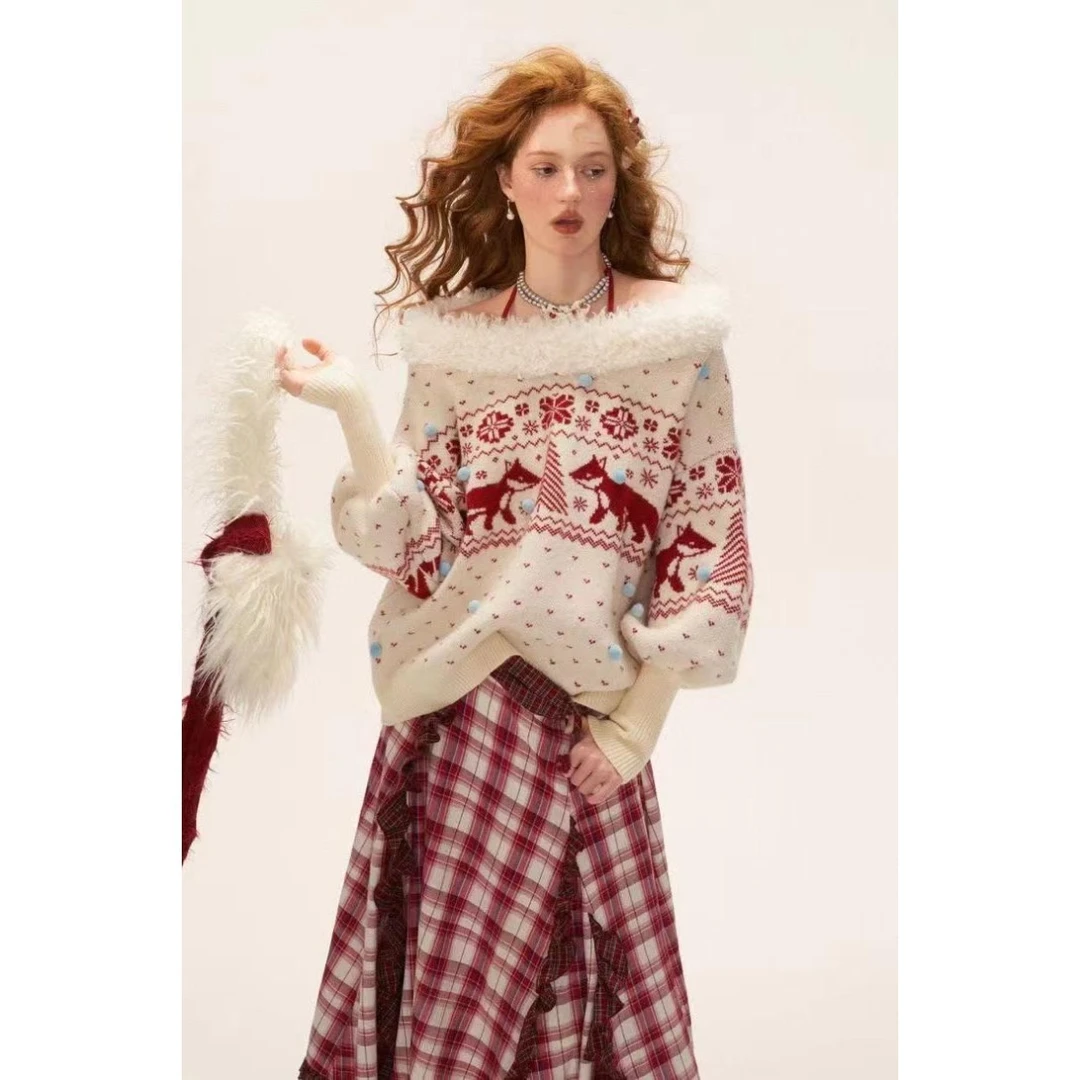 狐狸费尔岛大v领毛衣针织衫女2025新款宽松慵懒风设计感外套