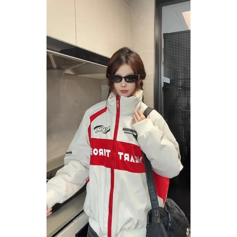 美式复古vintage撞色赛车服棉服外套男潮牌立领加厚机车夹克棉衣