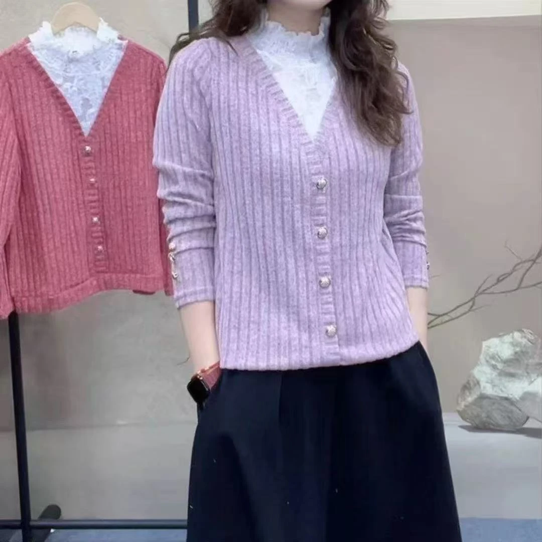 春秋蕾丝洋气半高领假两件弹力时尚休闲气质百搭上衣