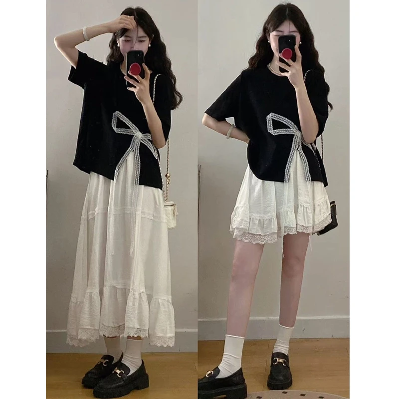 大码女装胖mm夏季新款设计感蝴蝶结开叉T恤花边蛋糕裙洋气穿搭