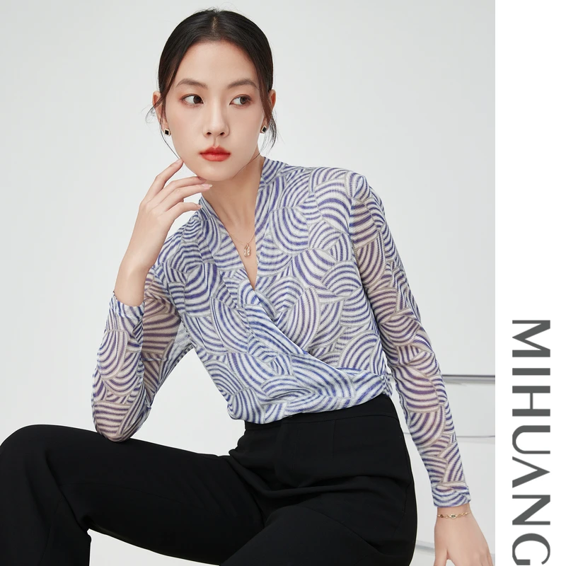 MIHUANG/米皇【雅然严选】100桑蚕丝斜搭V领气质修身长袖T恤547252