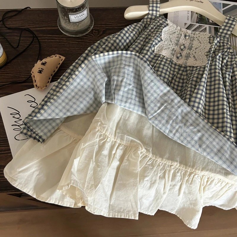 韩版童装2025新款夏季女童蕾丝格子吊带裙女宝宝洋气拼接背心裙潮