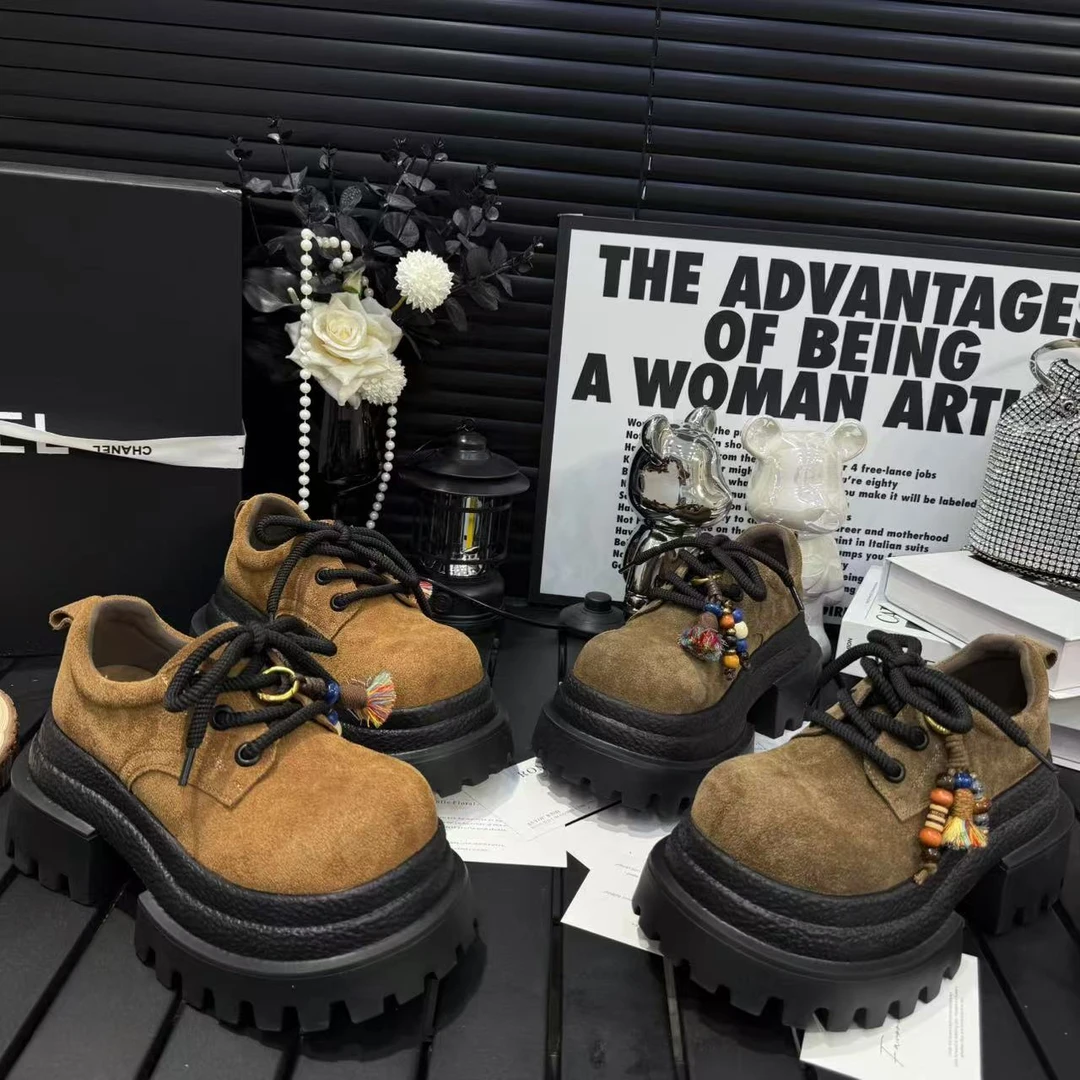 广州欧货【游牧】秋季磨砂皮7cm系带民族风米奇大头洋气轻奢乐福鞋