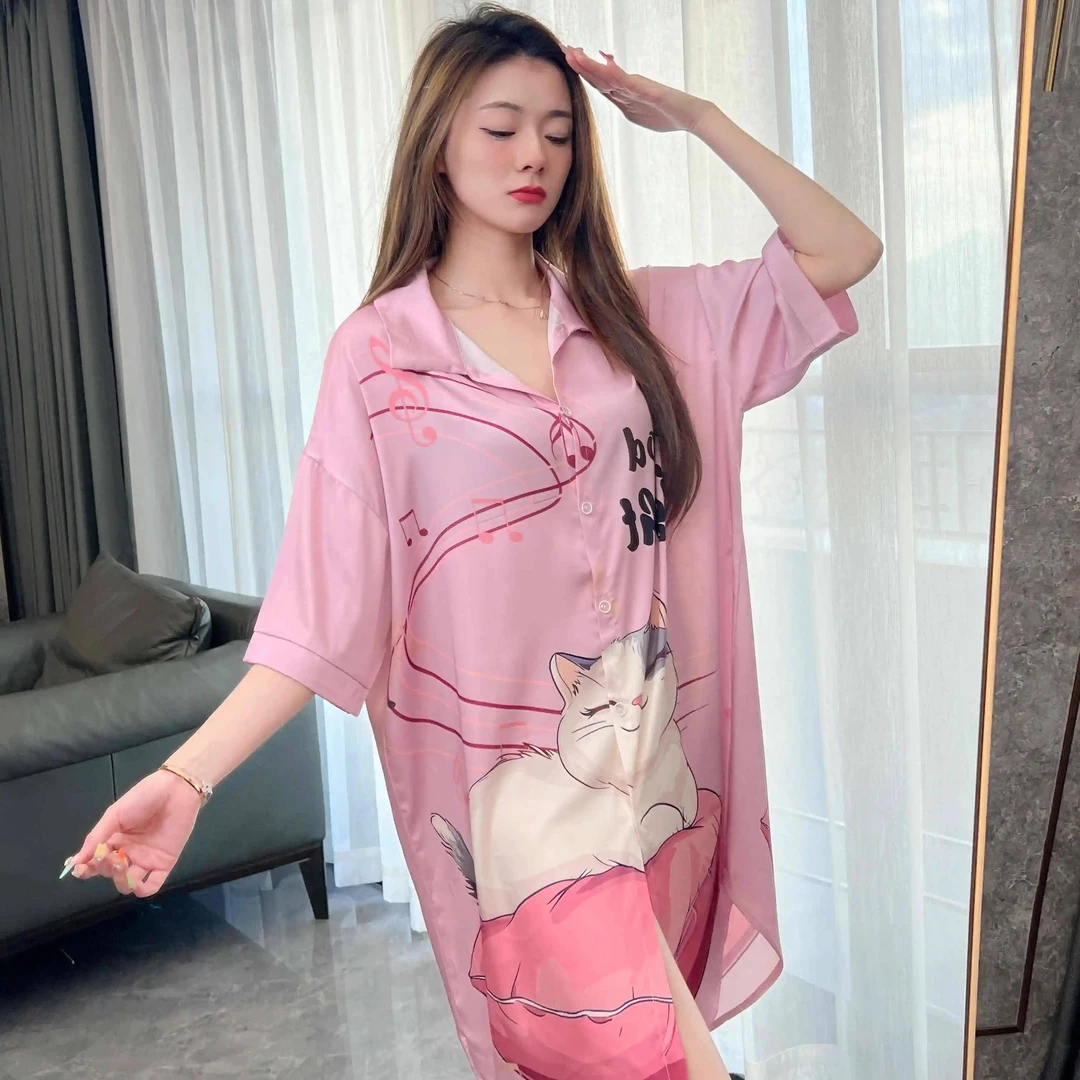 前惑冰雪丝可爱猫咪家居睡裙+短裤