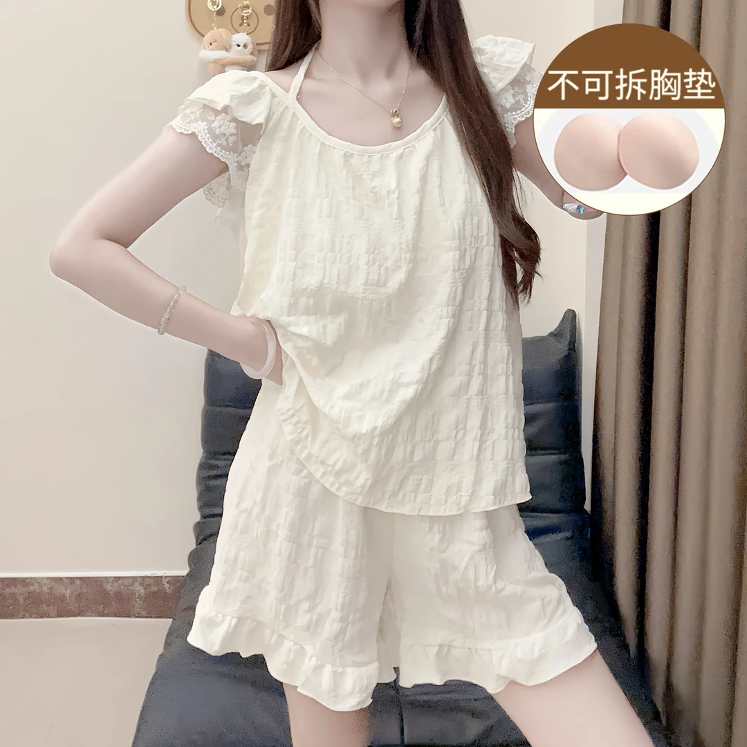 小飞袖睡衣女夏季甜美风云朵棉小个子薄款带胸垫可外穿家居服套装