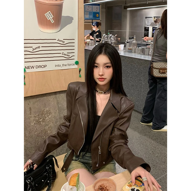 美式复古咖色短款夹克辣妹长袖秋季上衣机车服Pu皮外套女