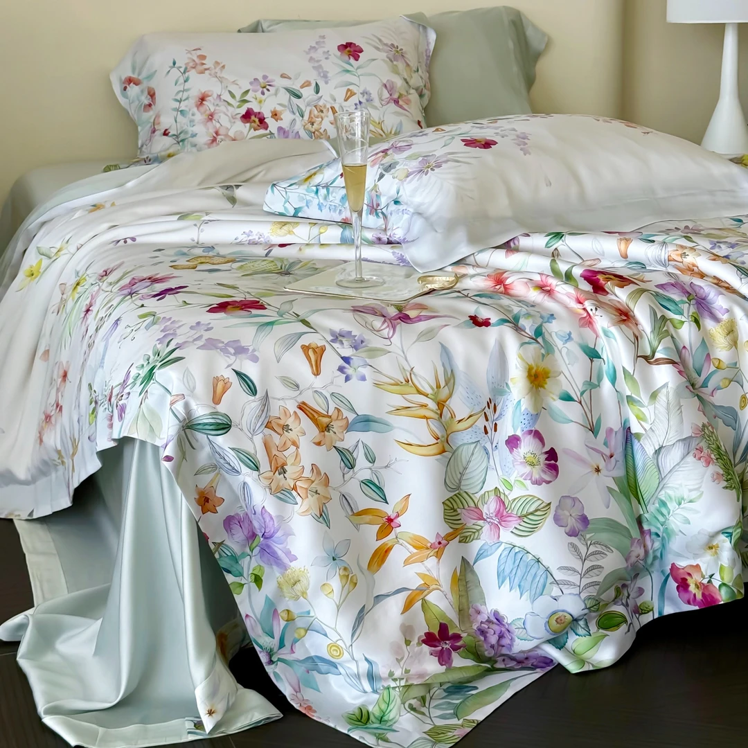 丽家平！滑溜 夏天天丝印花丝滑凉感四件套 小清新轻奢裸睡床品