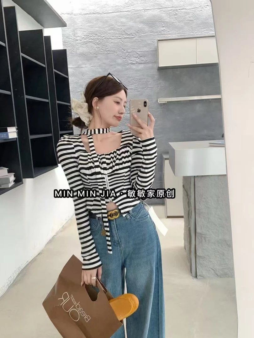 2025春纯欲别致甜辣妹短款条纹t恤上衣设计感配飘带打底衫女内搭