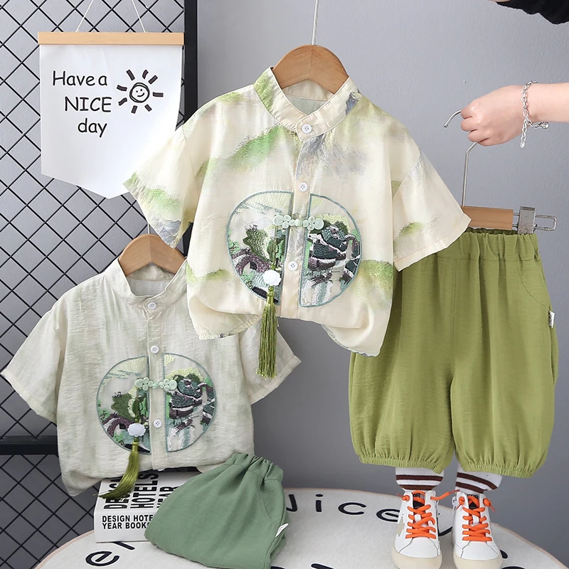 男童2025夏季夏装套装新款宝宝中国风洋气小童衬衫汉服短袖两件套