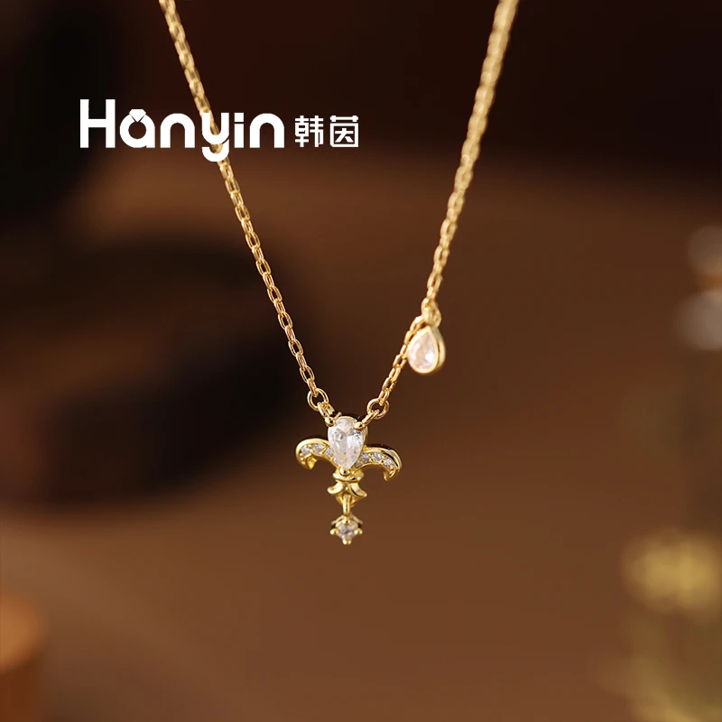 铜合金项链 46cm气质光面微镶水滴鸢尾花抽拉泡泡项链AAA