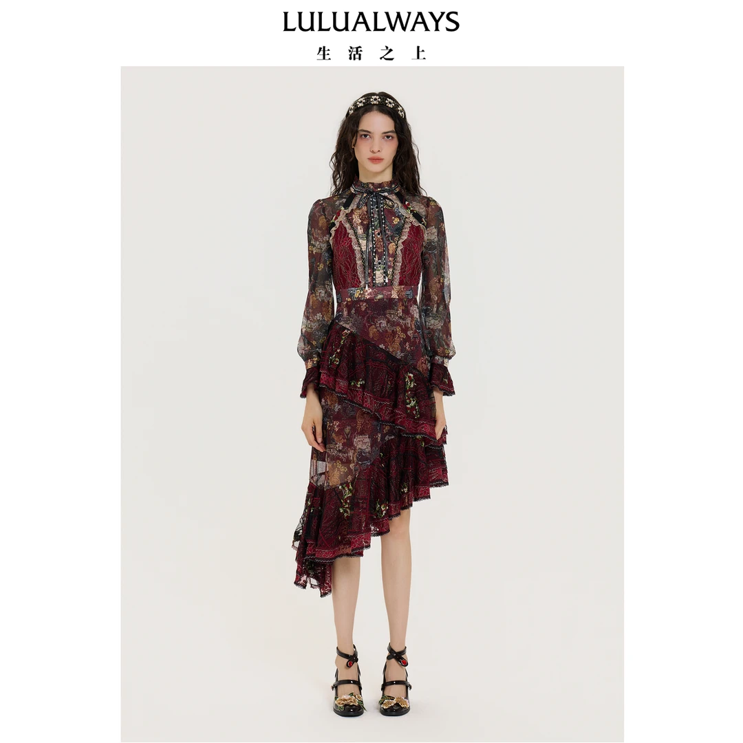 LULUALWAYS【商场同款】25秋季新款浪漫【玫瑰星河】不规则连衣裙