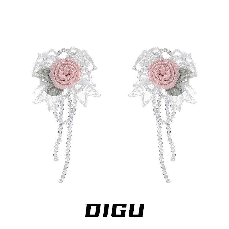 嘀咕家 铜合金布艺耳饰 春夏网纱蝴蝶结耳环玫瑰花耳钉夸张耳饰