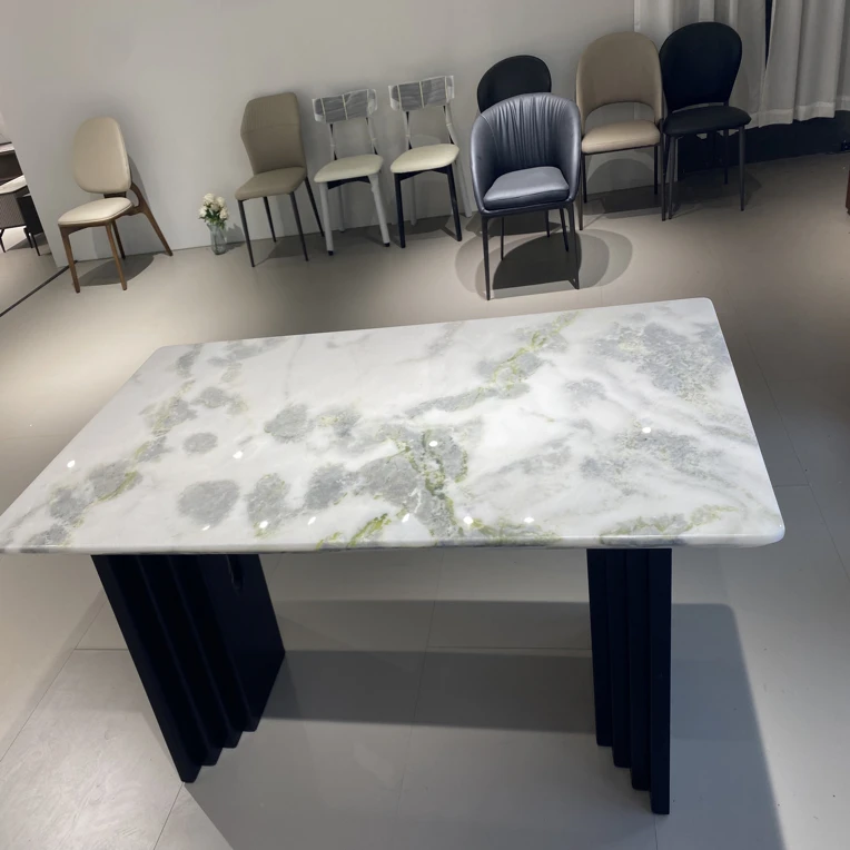 现代奢石粉钻芬迪白面简约小户型家用天然石半圆餐桌椅组合客厅