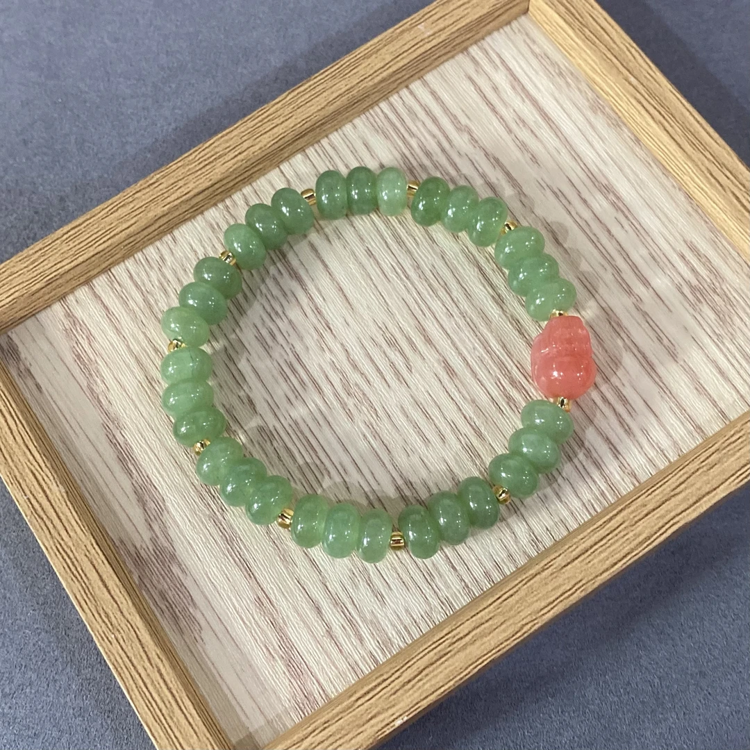 和田玉湖水绿算盘珠配盐源玛瑙貔貅手串（多样性发一件）B-12