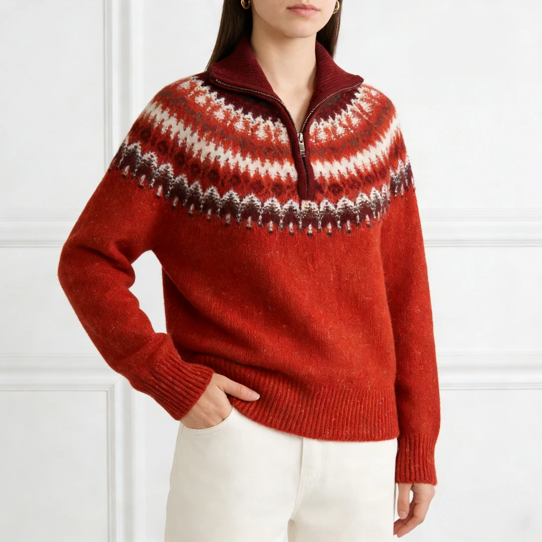 H-CAPRICORNO复古民族风提花宽松半拉链套头长袖羊毛毛衣