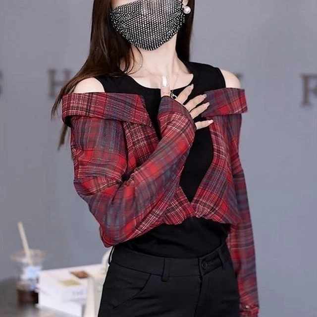 法式复古格子假两件露肩时尚百搭上衣2024秋季新款圆领甜美小衫潮