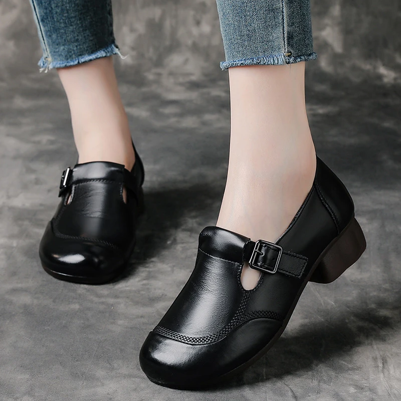 低跟胶粘魔术贴单鞋中老年舒适女鞋软面复古春季软底真皮单鞋