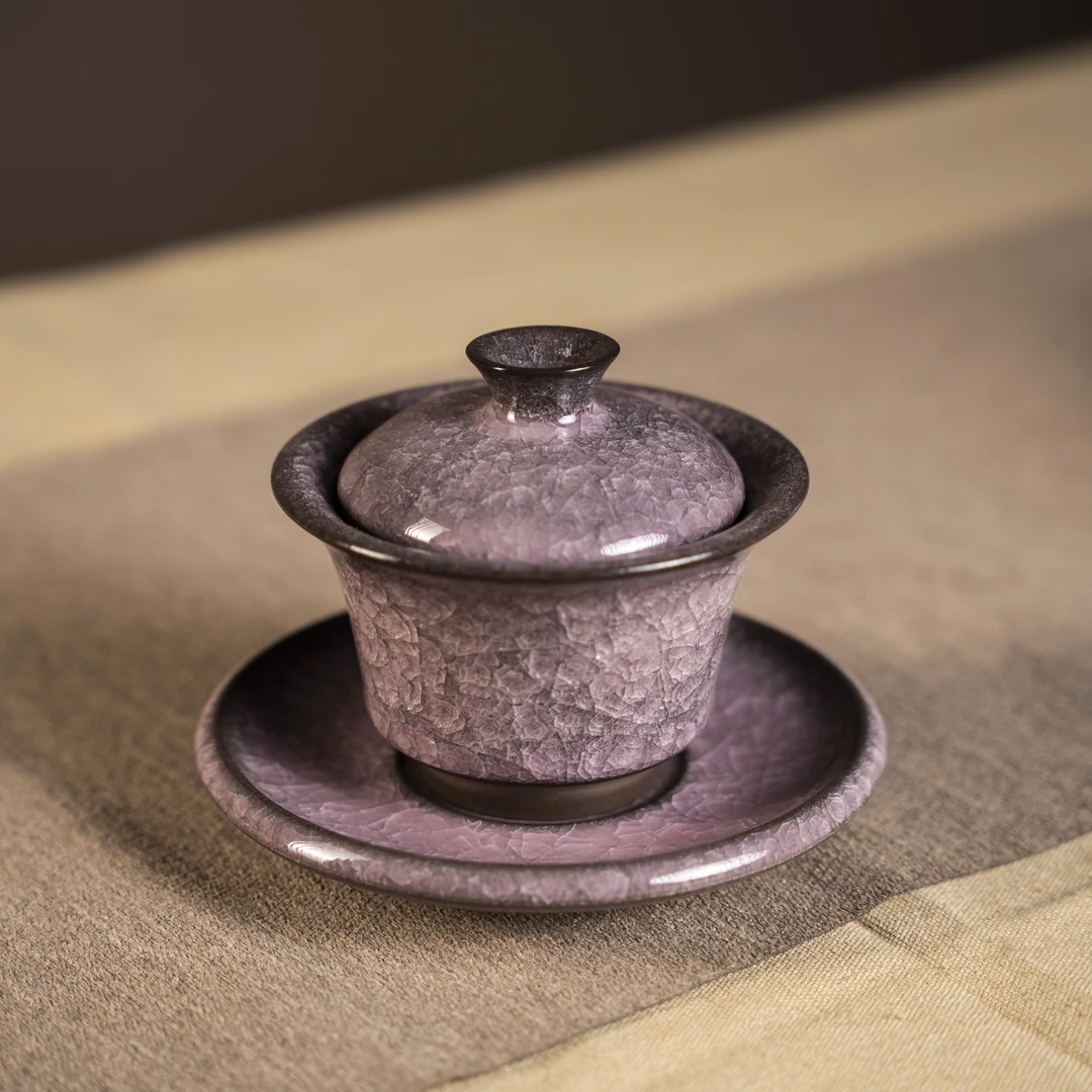 龙泉关涛紫冰紫色冰裂纹紫气东来三才盖碗冰片主人杯手工功夫茶具