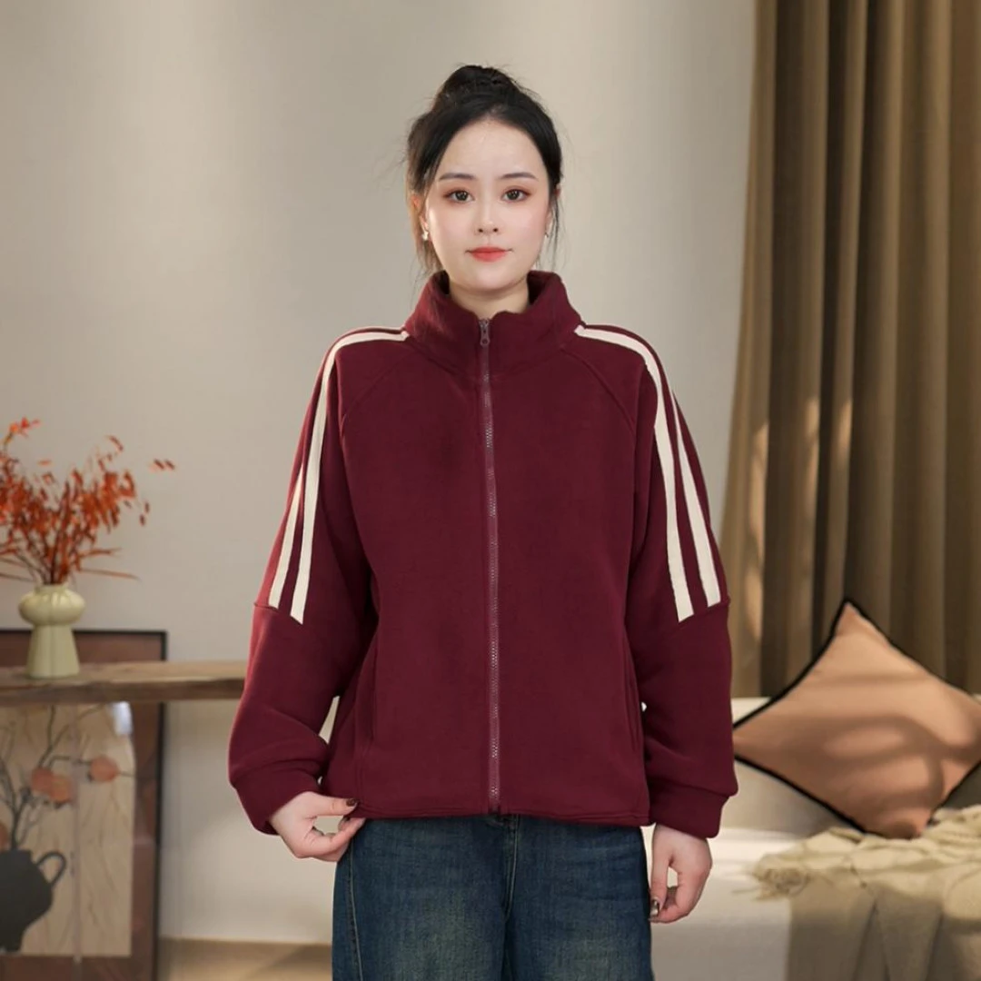 冬季新款加绒加厚时尚休闲运动百搭立领双面澳粒绒保暖开衫外套女