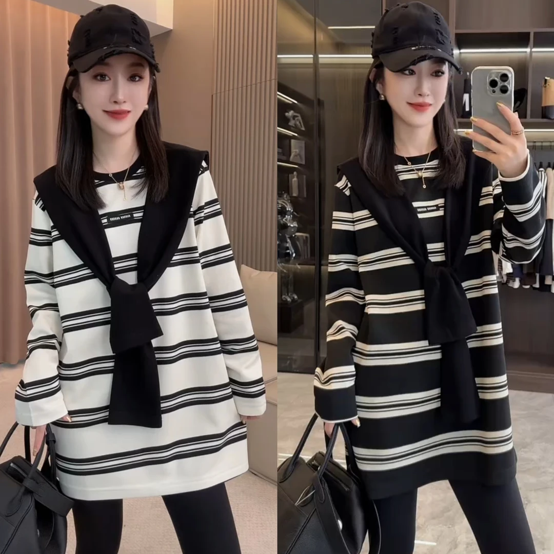 秋季宽松大衫条纹披肩T桖2025女洋气遮肉显瘦百搭长袖网红爆款