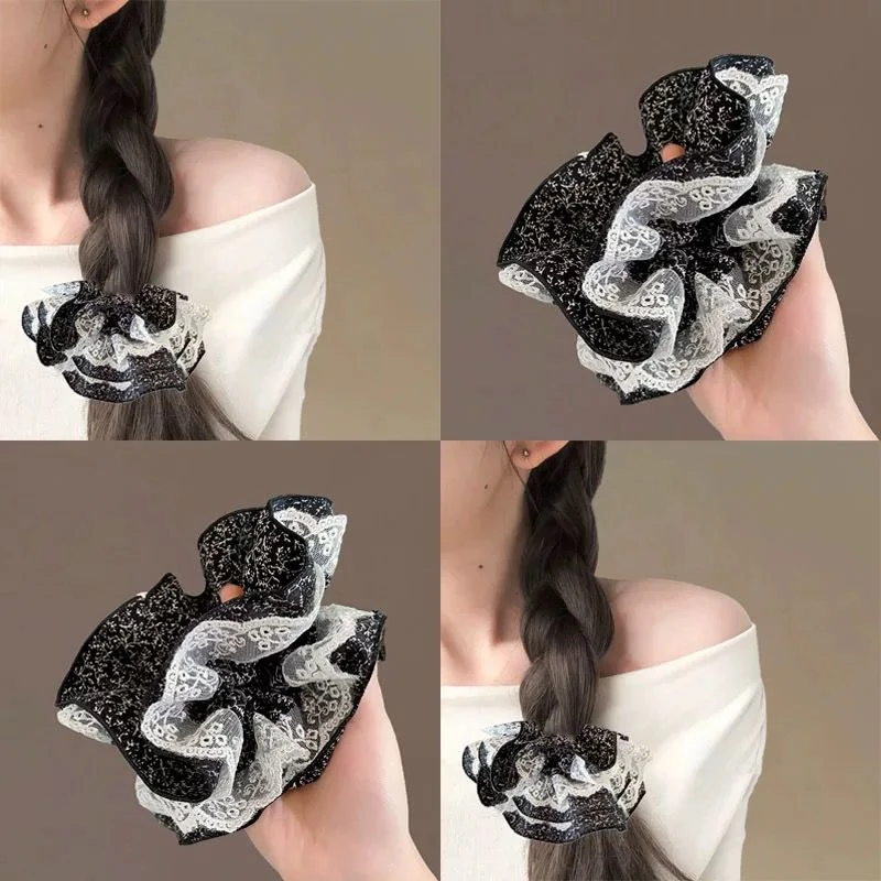 韩系高级感蕾丝花边双层超大号大肠发圈扎马尾丸子头头饰气质