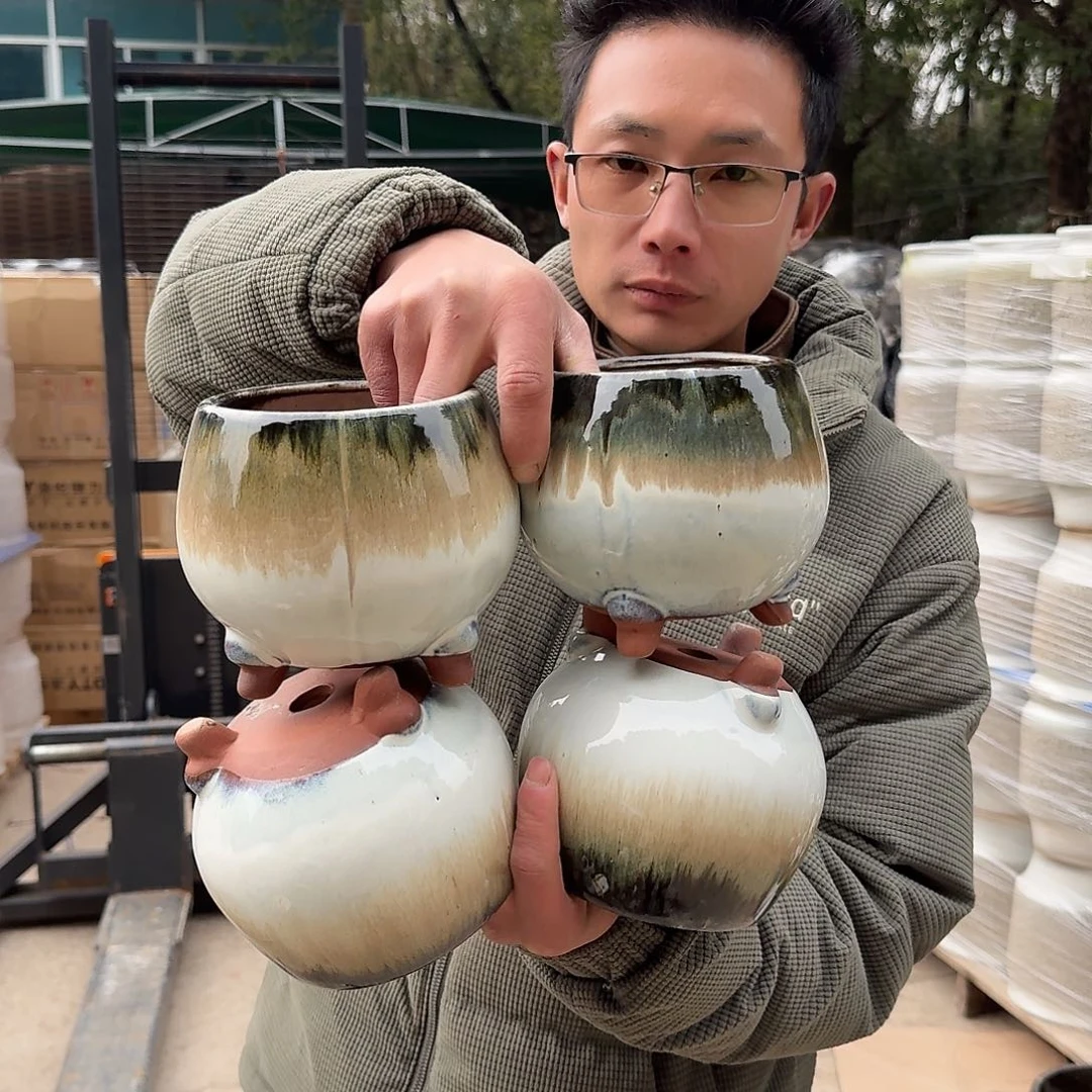紫砂花盆口13高13（四个球金