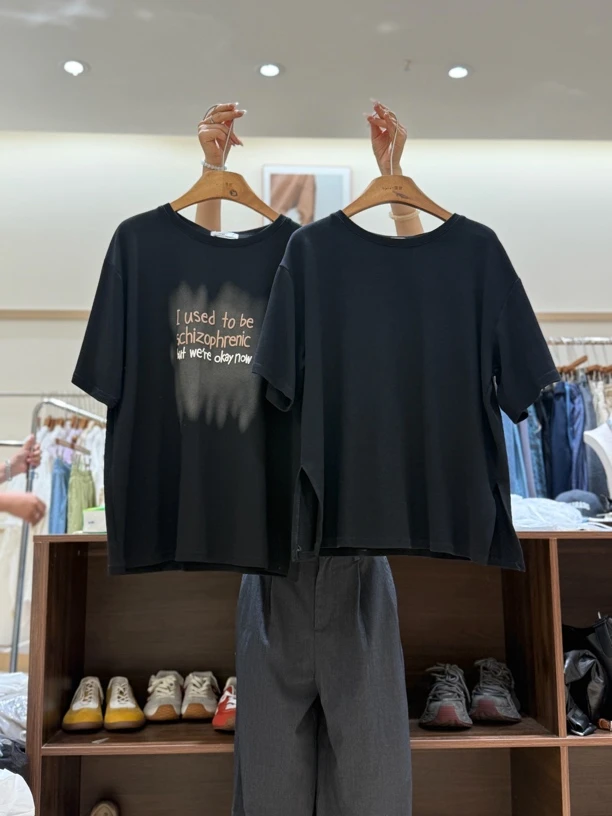 春夏显瘦特价T恤休闲风纯色长款短袖常规圆领家居服印花运动